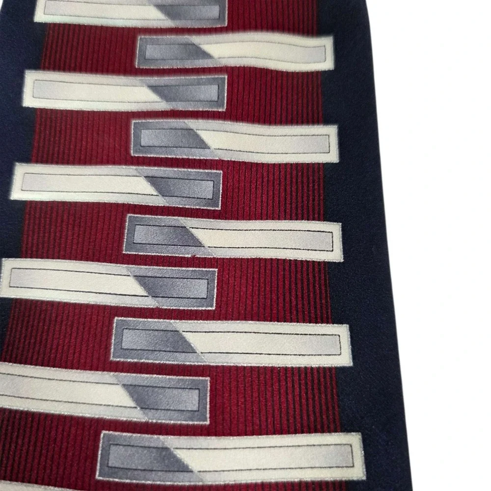 New Henri Picard‎ Mens Silk Striped Necktie Pocket Sq Burgundy Silver Geometric